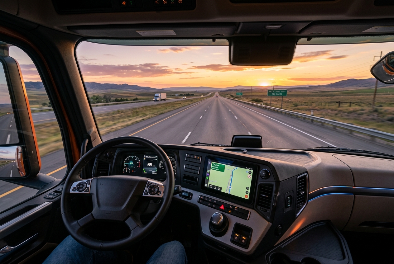 Interior de la cabina de un camión en ruta